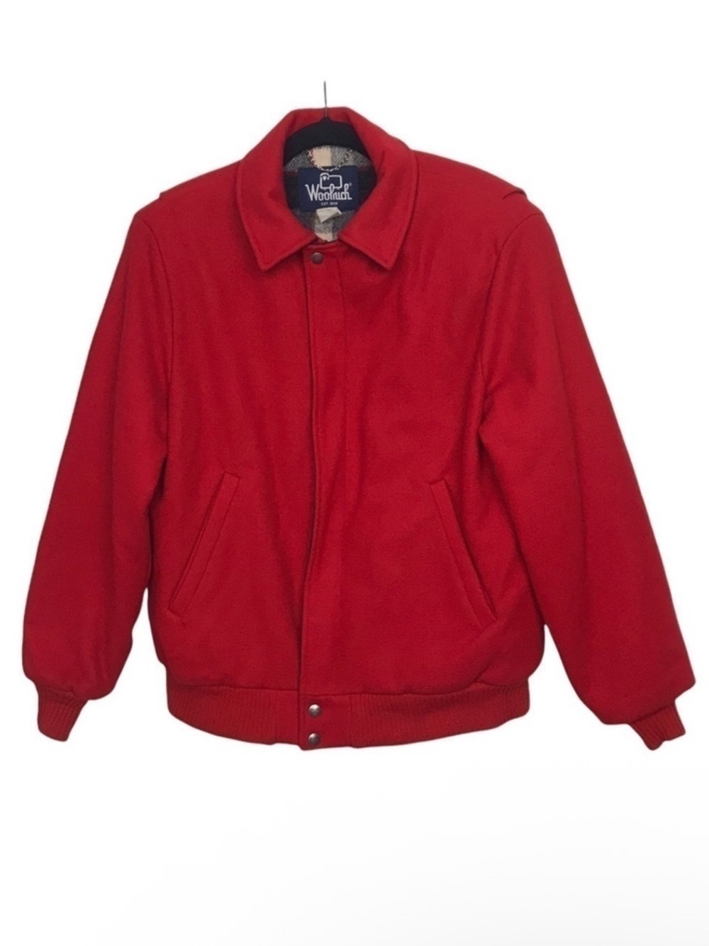 Woolrich Red 100% Wool Check Plaid Lined Letterman Varsity Bomber Jacket